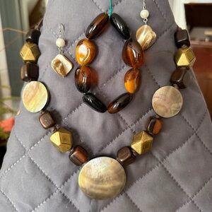 Statement Shell and Wood Bead Necklace + Stone Bracelet + Shell Earrings